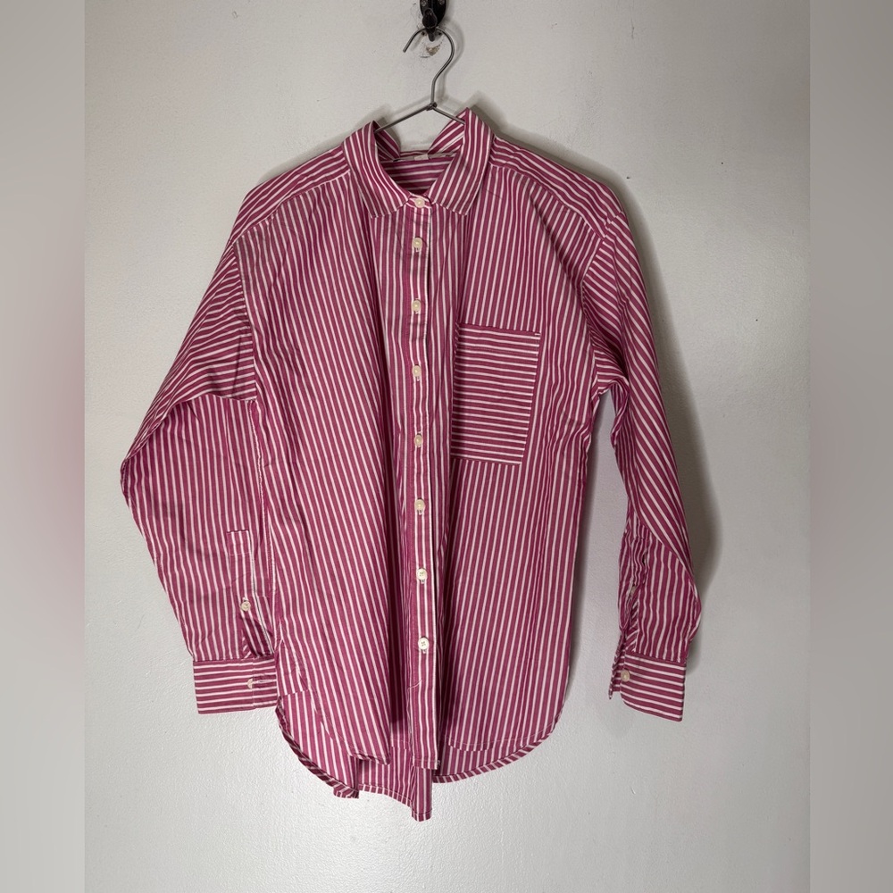 Loft Pink White Stripe Collar Long Sleeve Cotton Button Down Small Petite